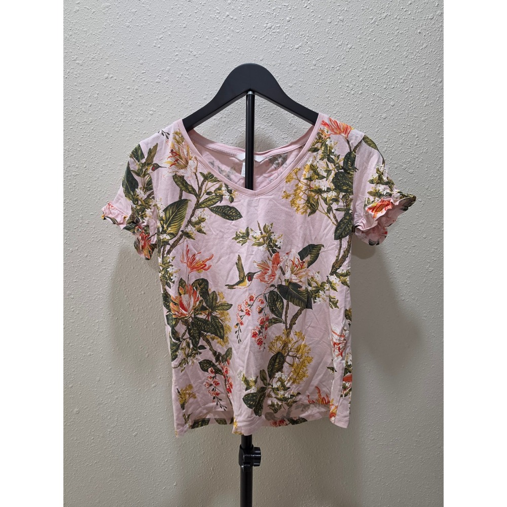 HM Divided Pink Floral Hummingbird Ruffle Sleeve V-Neck T-Shirt Women Small